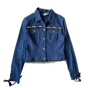 Vintage 1990s Cache Jean Jacket Beaded Fringe Lace Up Southwest 4 EUC